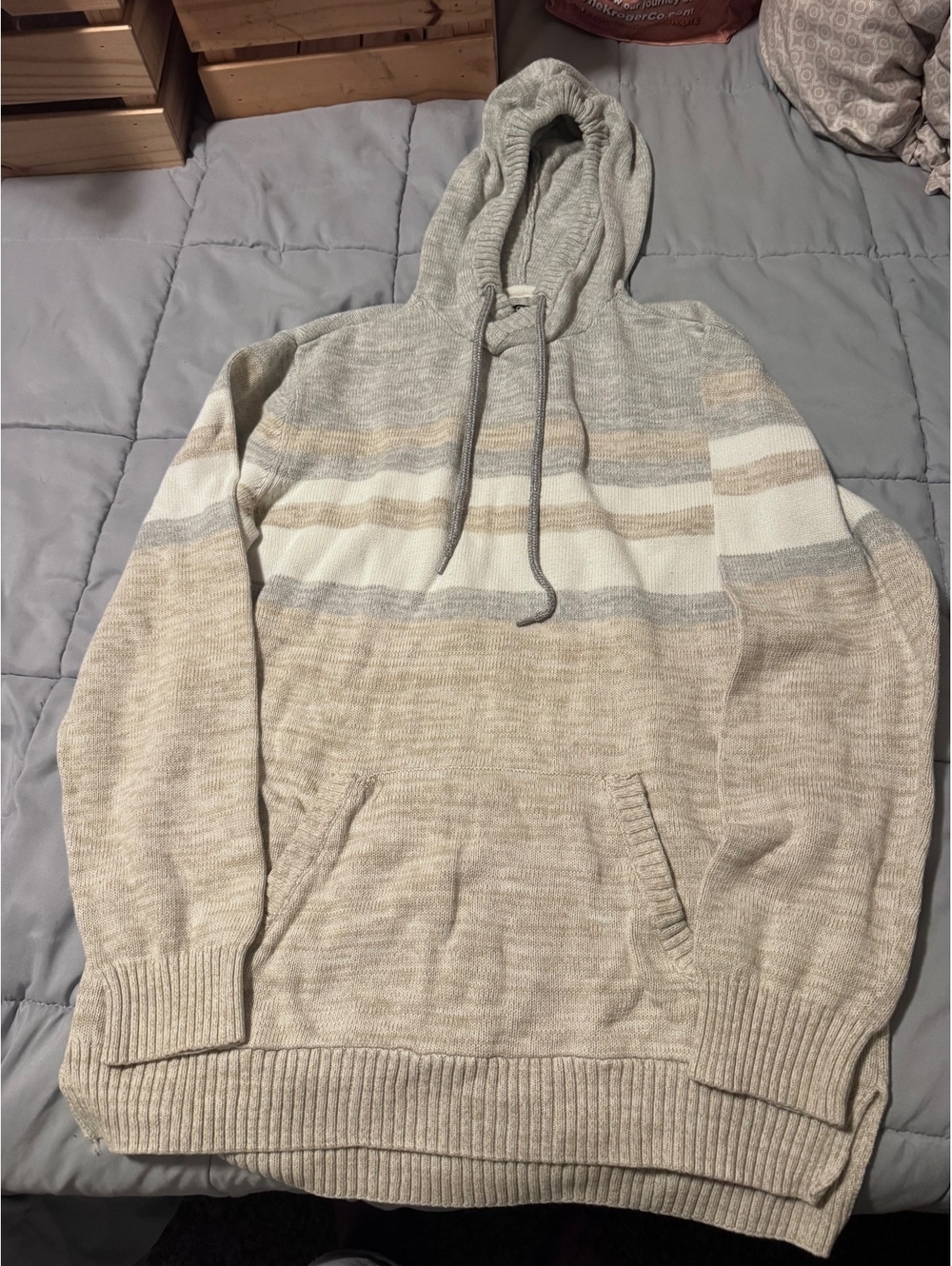 Retrofit Brand Mfg Hooded Sweater XL Gray Cream Striped Knit Pullover Hoodie